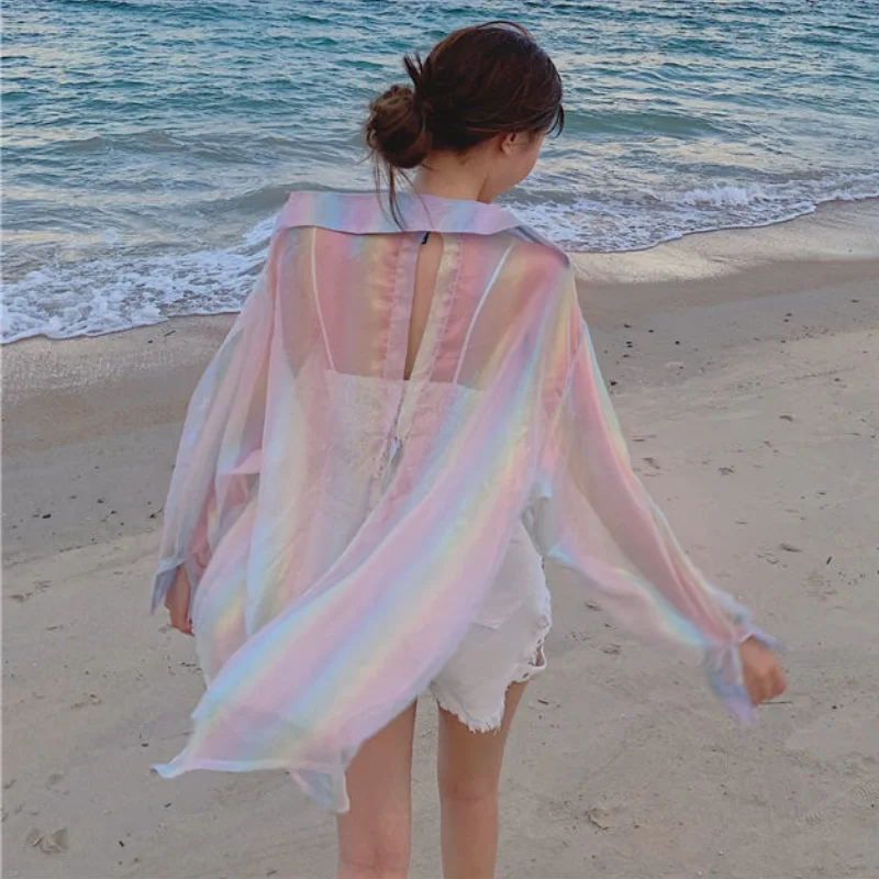 Shirts Women Casual Sexy Ladies Clothes Summer Hot Sale Sun-proof Sheer Fashion All-match Simple Elegant Loose Popular Korean