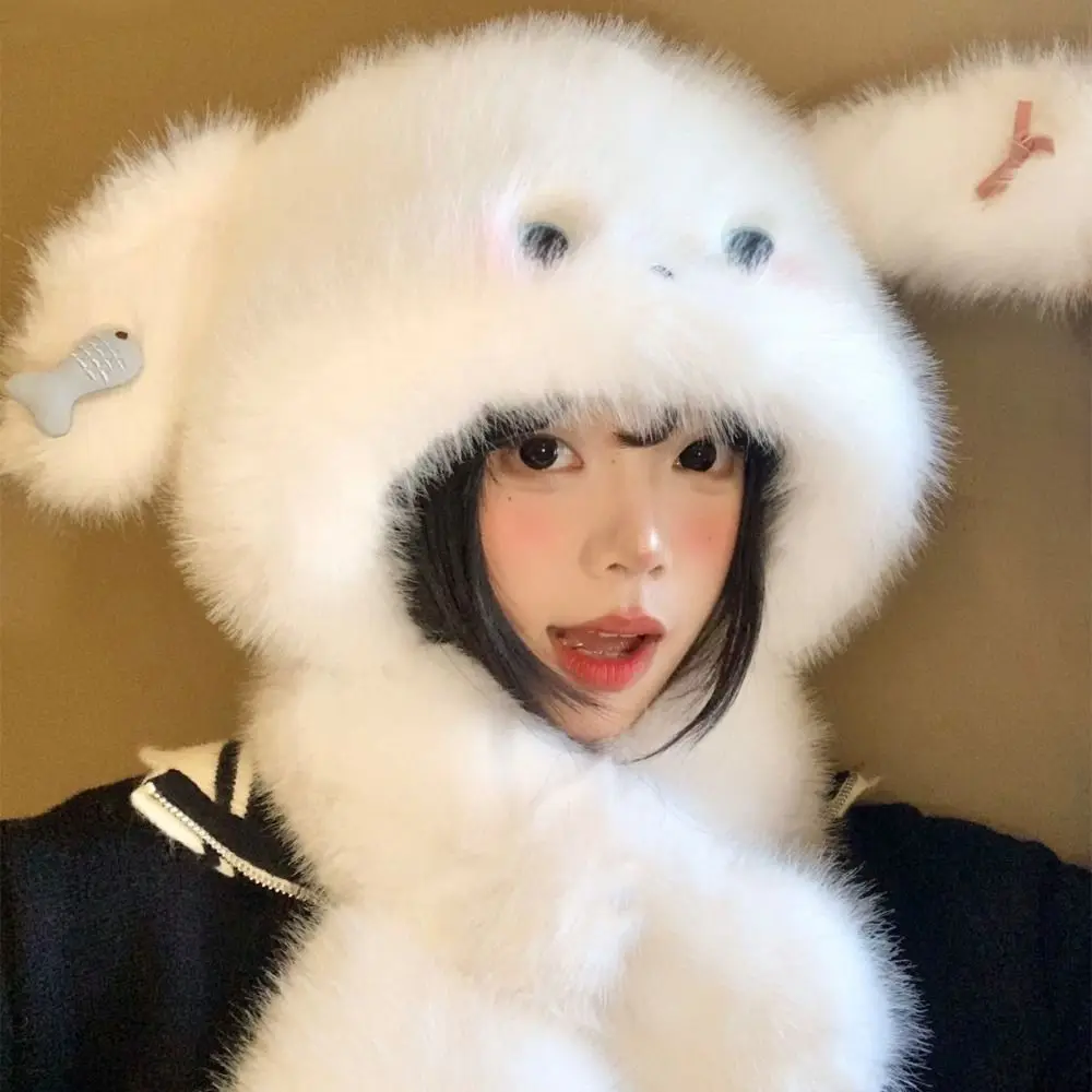 

Gifts Cute Ear Protection Hat Cartoon Korean Style Dog Hooded Scarf Windproof Comfortable Plush Earmuffs Cap Autumn and Winter