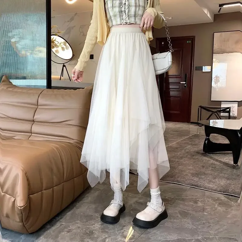 

Необычная юбка с высокой талией для женщин весной и осенью, двухслойная сетчатая юбка трапециевидной формы супер феи средней длины ZT671