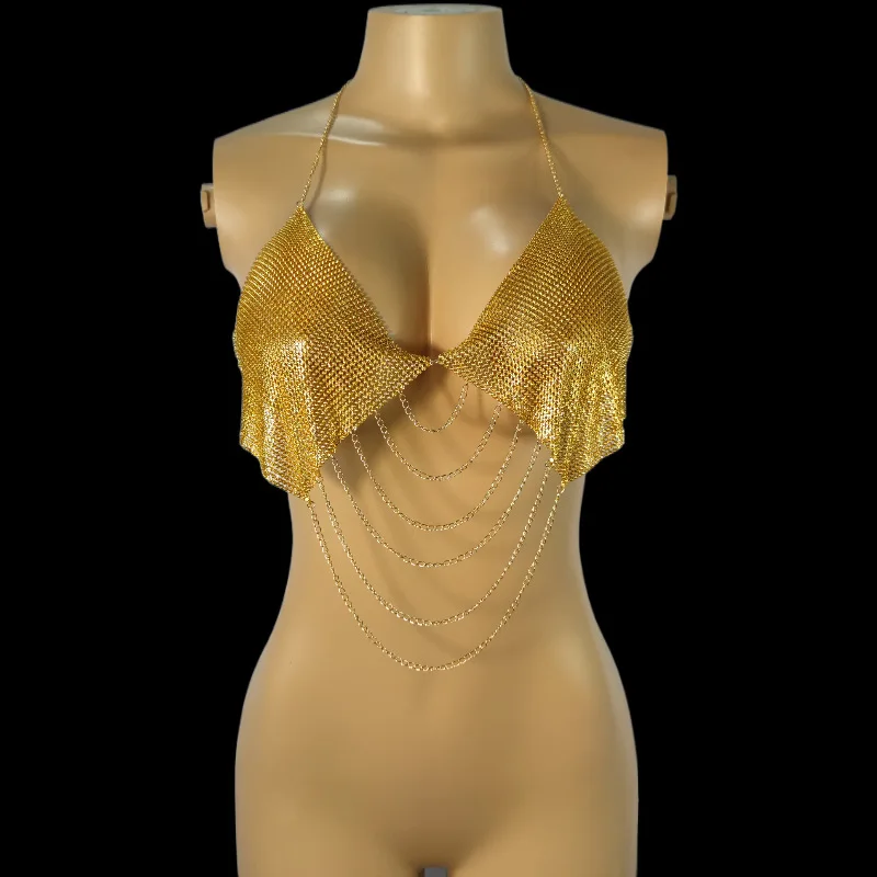 Chaleco pequeño con cuello de cadena y flecos multicapa para mujeres adultas, ropa de Club nocturno, diamantes de imitación de Color con incrustaciones de diamantes, productos sexuales Sm