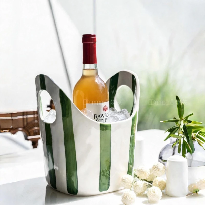 French Ceramic Ice Bucket Wine Cooler Stripe Picnic Beverage Organizer Outdoor Portable Bar Accessory Vase for Living Room