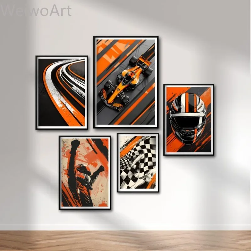 F1 Racing Car Canvas Wall Art, Helmet Track Flag Poster and Print, Motorsport Painting for Game Room Decor Gift, No Frame view 2
