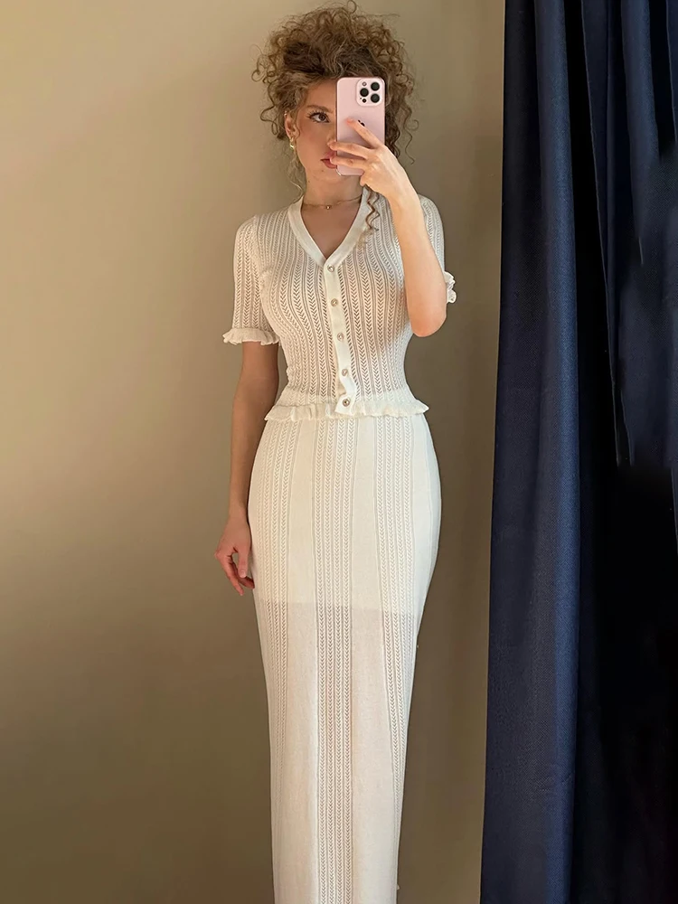 

Sheer Knitted Top High Waist Long Skirt Suit Set Short Sleeves Blouse Skirt Two Piece Set Lady Elegant Beach Party Dress Sets