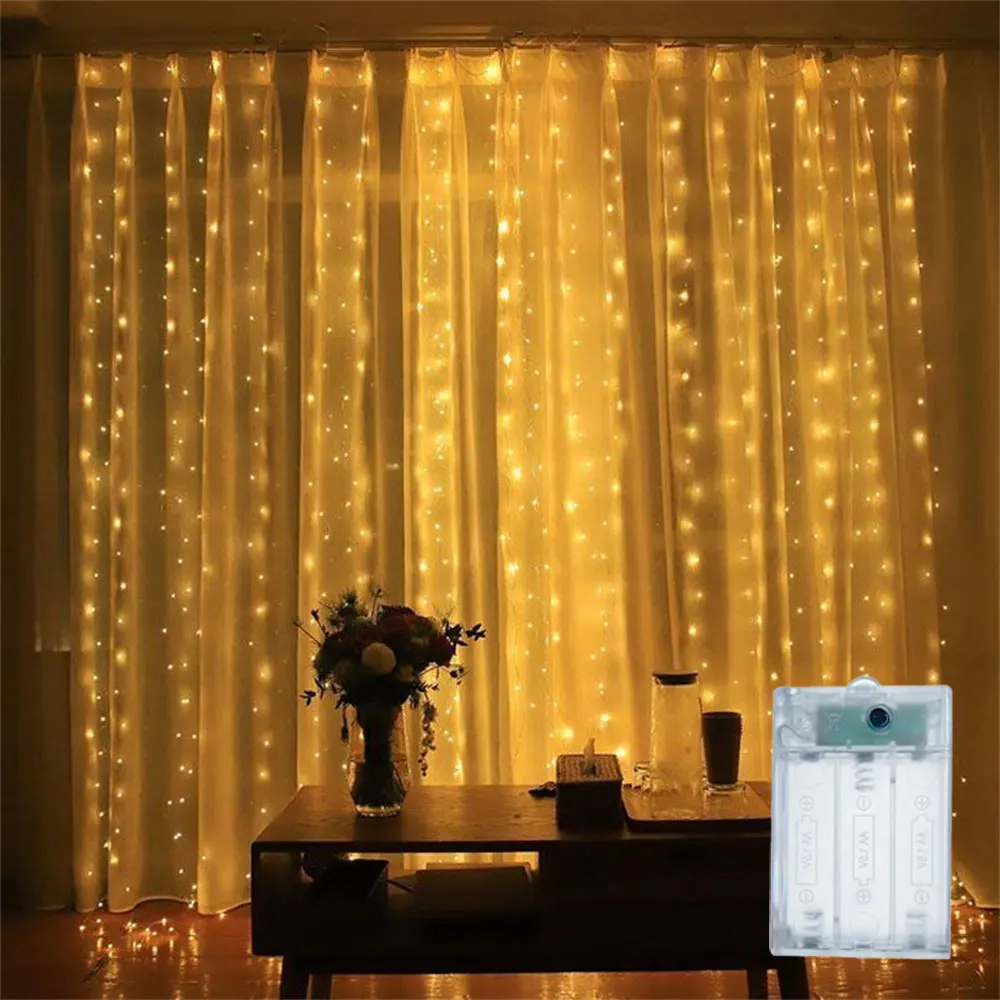 3/6M LED Curtain Light String Battery Power Wedding Bedroom Decor 2026 Christmas Home Decoration New Year 2027 Outdoor Lighting
