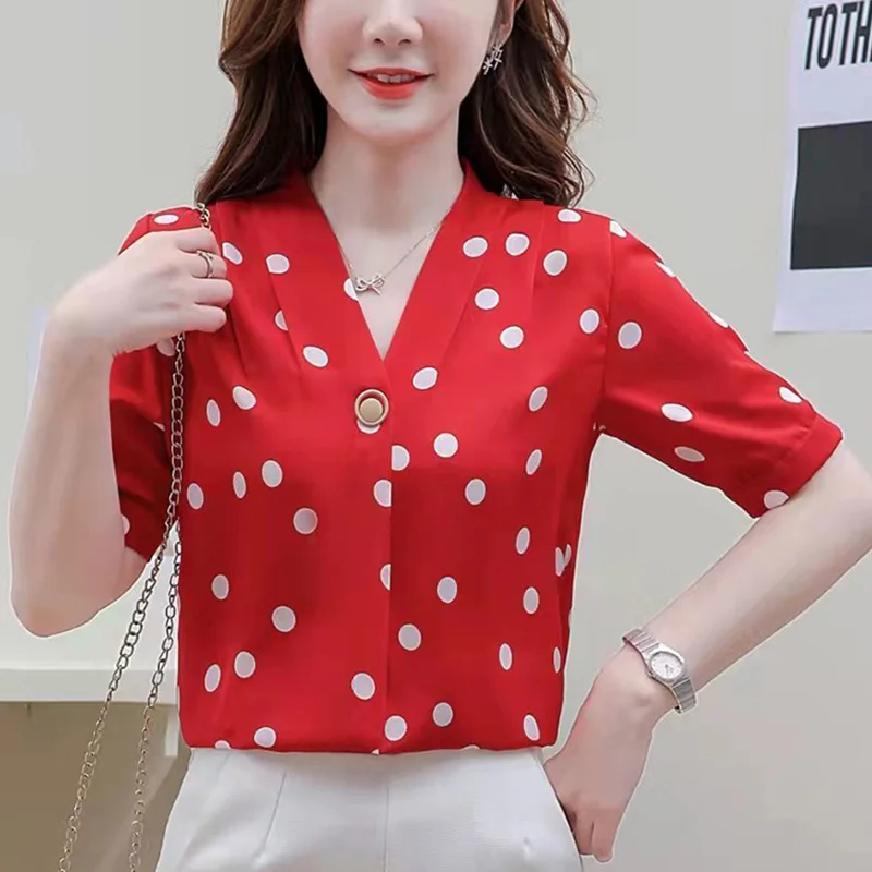 Elegant V-Neck Button Loose Folds Polka Dot Blouse Women\'s Clothing 2023 Summer New Casual Pullovers Office Lady Chiffon Shirt