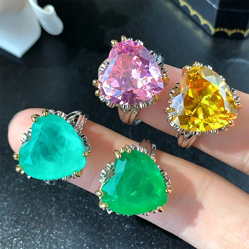 Two Tone Gold Silver Plated Heart Shape Women Ring Inlaid Multi Color Synthetic Gemstone Vintage Luxury Finger Jewelry
