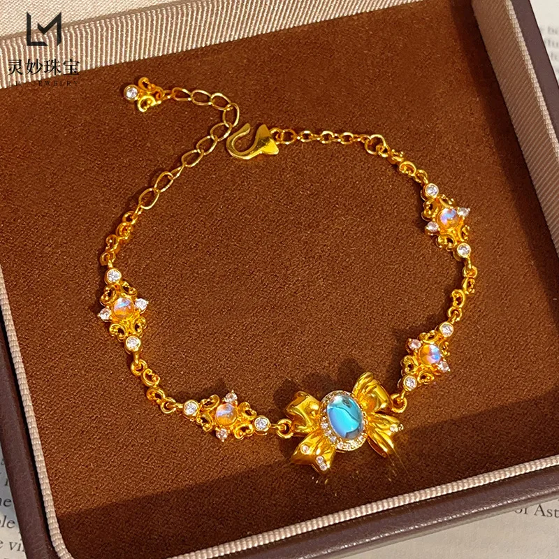 

9999 точечный бриллиант синий лунный камень браслет с бантом из натурального золота 24 карата шелковый браслет Ruyi изысканный женский подарок