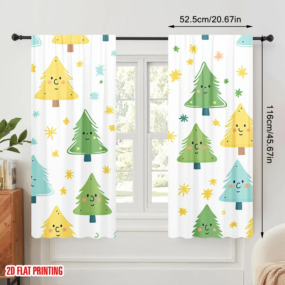 2pcs,2D plane printing Window Curtain Cute Christmas Tree Festive (3) Versatile 100% Polyester (without rod) Holiday Perfect for