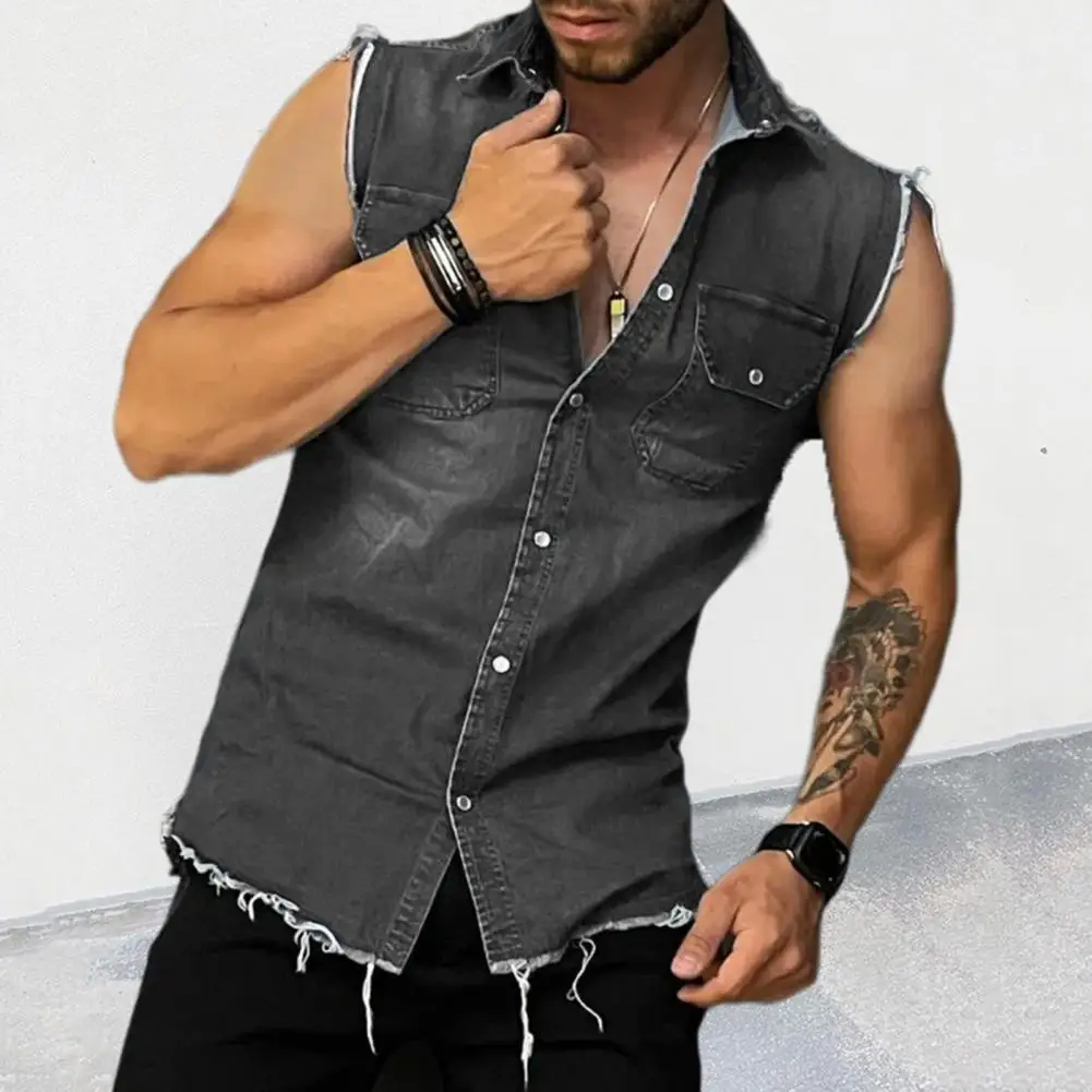 

Fashion Men Jacket 3D Cutting Shirt Coat Sleeveless Slim Fit Denim Vest Jacket Versatile