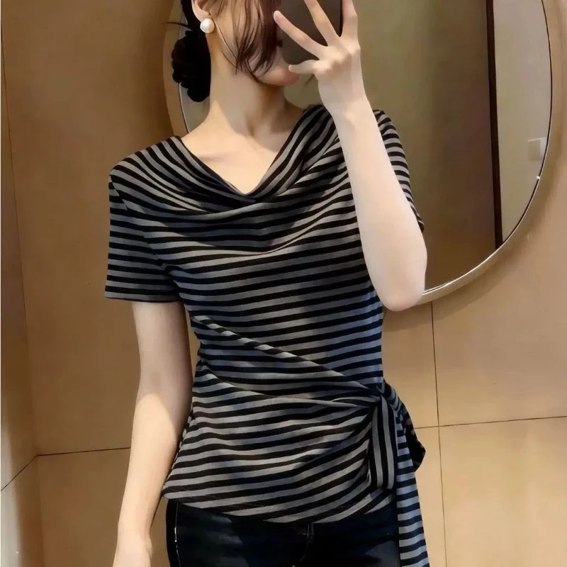 Vintage Women Clothing Striped Bandage Pullovers Top Short Sleeve Irregular Casual T Shirts Summer Fashion Trend Women Clothing