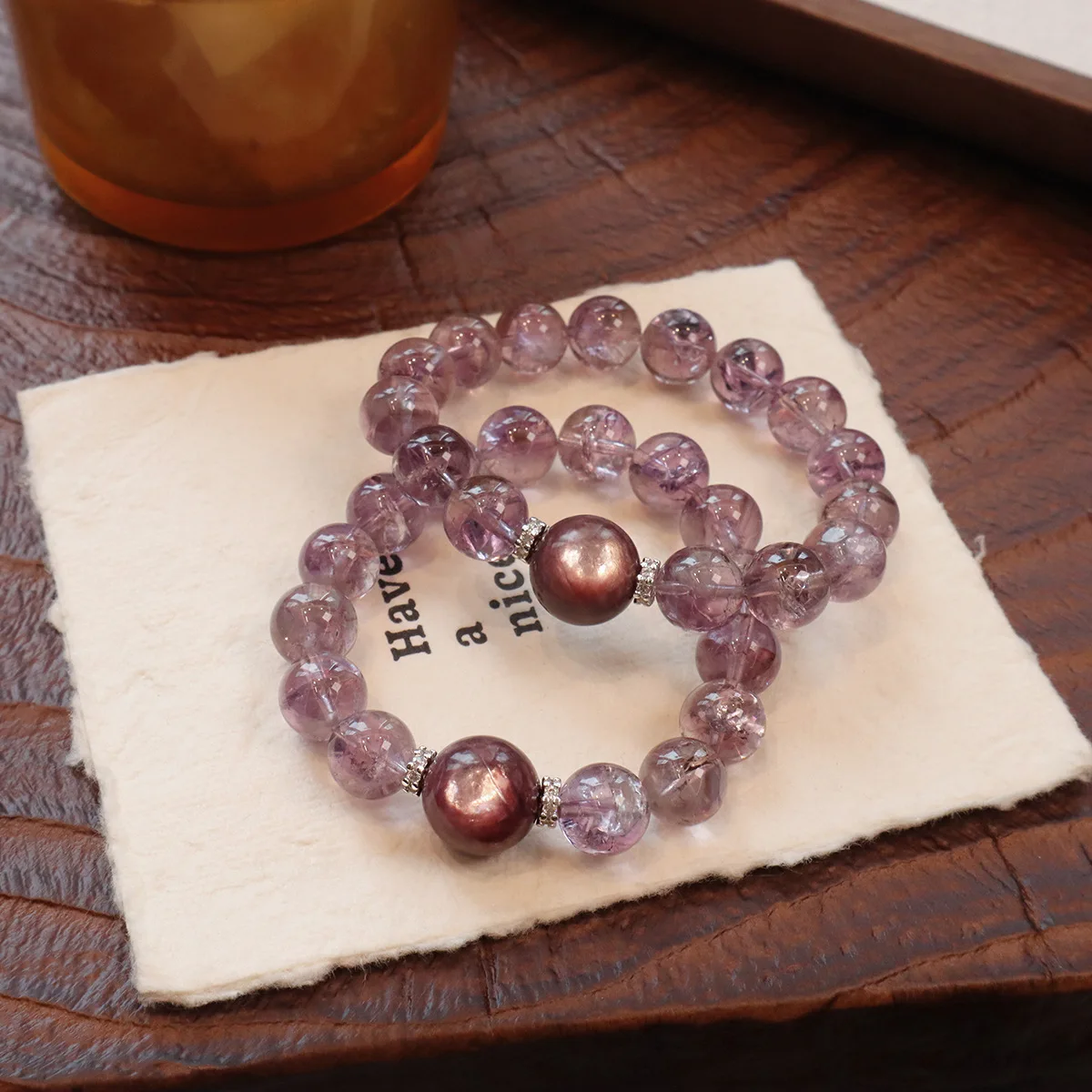 Luxury 11mm Natural Brazilian Amethyst Beaded Strand Bracelet with Purple Mica Bead Charm Lucky Hand Fine Jewelry Gift for Women