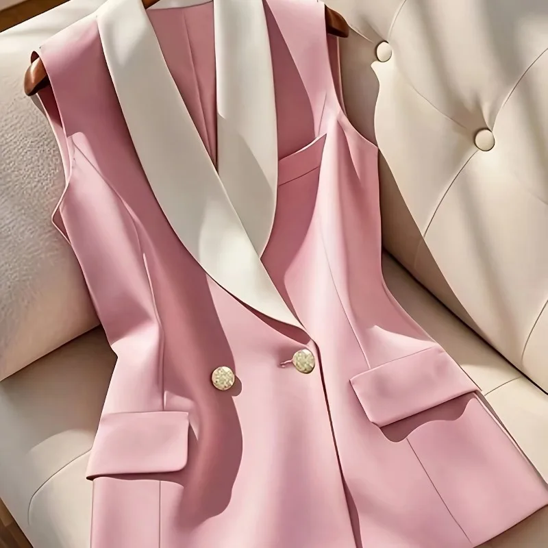 Pink Lapel Sleeveless Vest | Double-breasted Design, Unlocking The Fashionable Workplace Style Regular Vest Solid Color Comfort