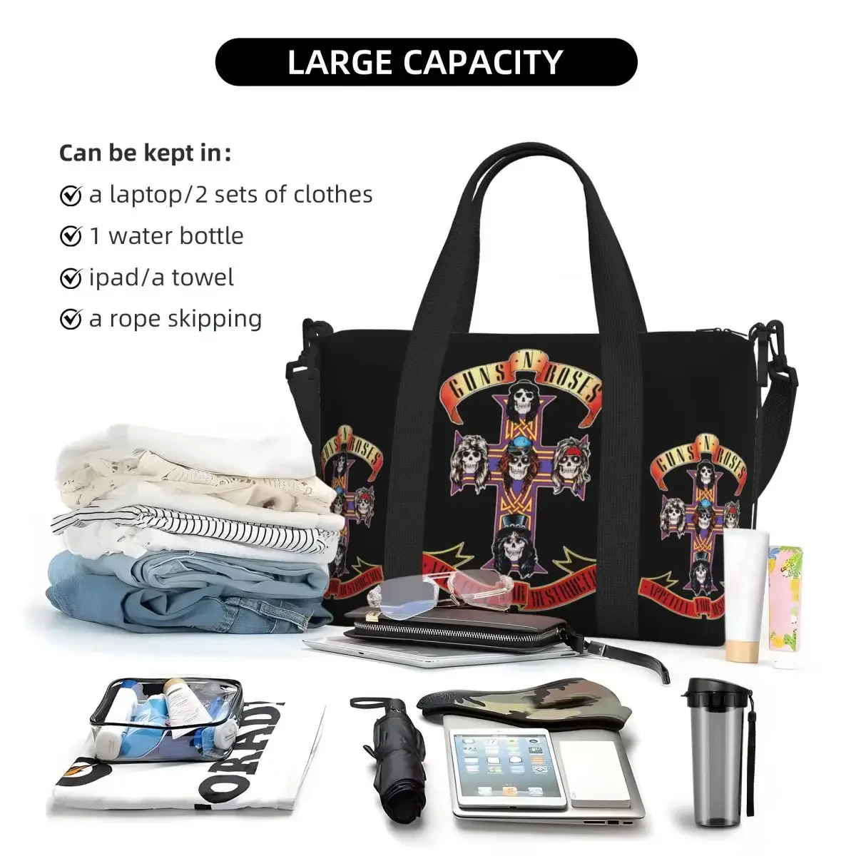 Custom Hard Rock Band Guns N Roses Tote Bag for Women Large Capacity Bullet Logo Beach Gym Travel Bags