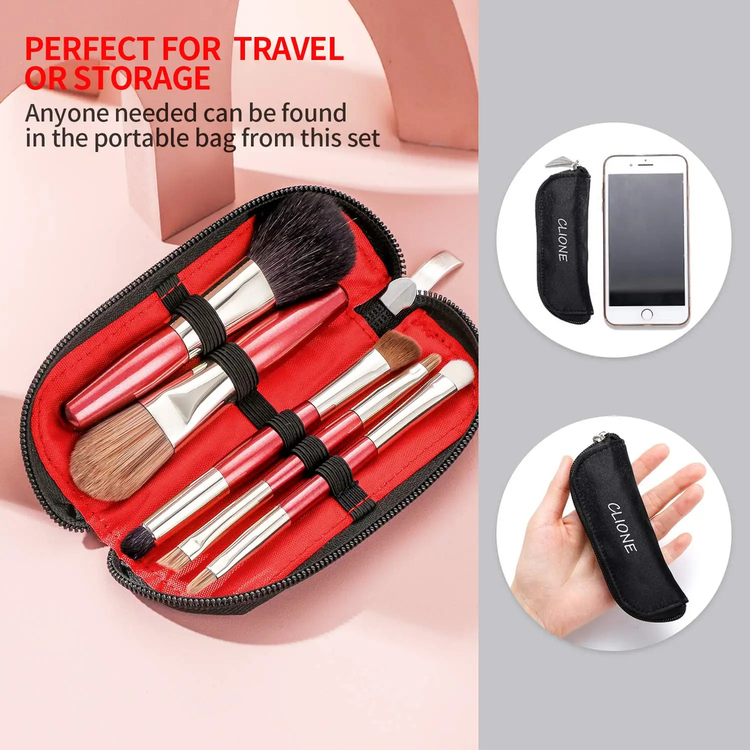 Cosmetic makeup brushes kit natural goat hair 5 pcs with travel case foundation-contouring-blending-blush-eyeshadow brushes