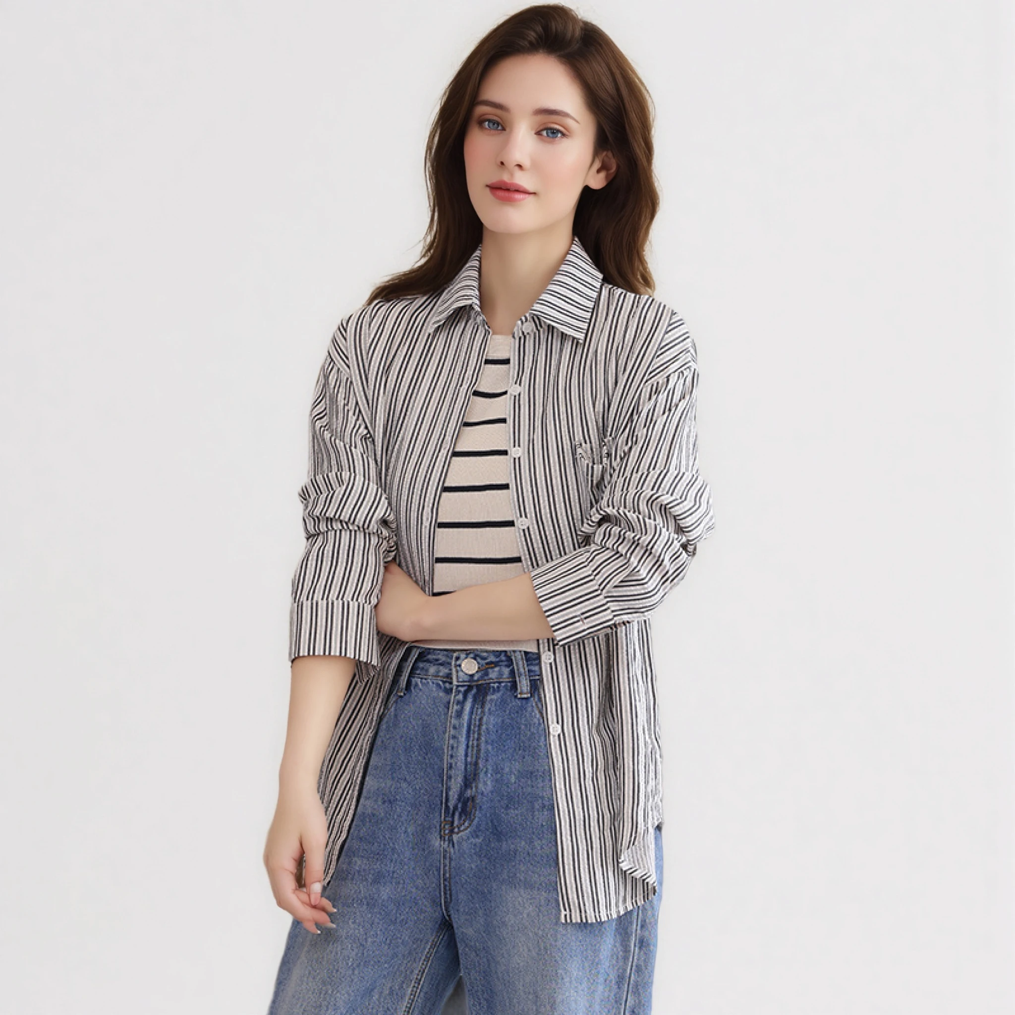 2025 تصميم جديد رائع أزرق أسود مخطط قميص المرأة عادية كم طويل بلوزة قطن وبلوزات سيدة مكتب قمصان الملابس