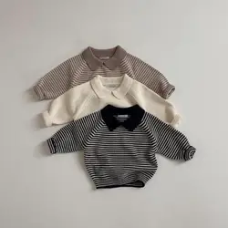 2024 Autumn New Children Long Sleeve Knit Sweater Kids Boys Girls Vintage Striped Lapel Sweater Cotton Baby Casual Polo Shirts