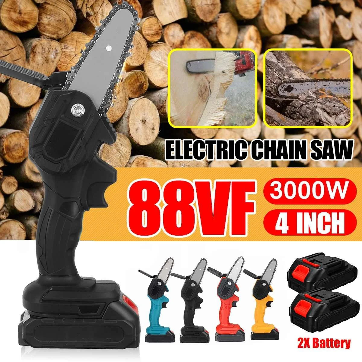 3000W 88V 4 Inch Mini Electric Chain Saw With 2 Battery Rechargeable Woodworking Pruning One-handed Garden Logging Power Tool