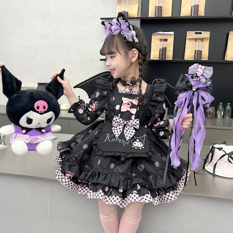 Kids Clothes Spring Autumn Princess Dress Kawaii Sanrios Kuromi Girl Lolita Dress Halloween Cosplay Costume Birthday Party Skirt