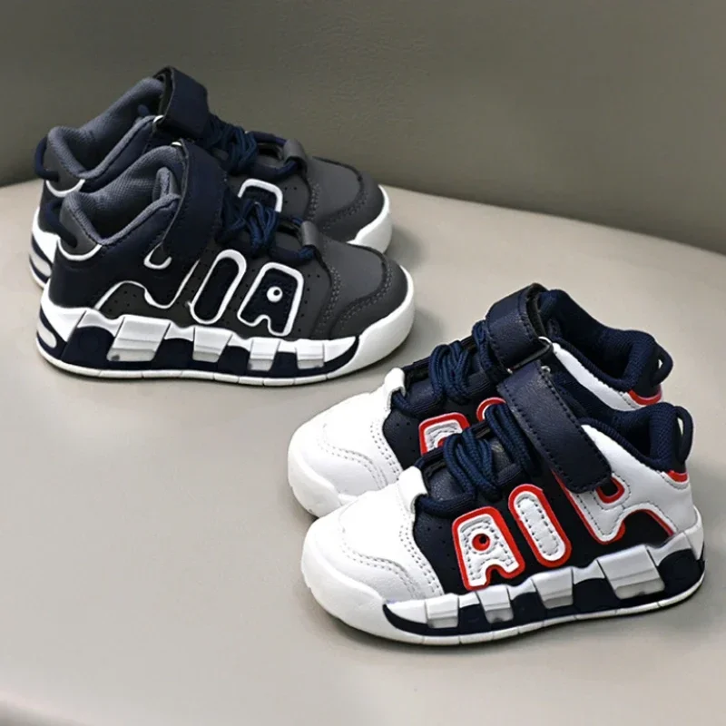 

Kids Fashion Sneakers Breathable Soft Sole Sports Sneakers for Running Thick Bottom Shoes Velcro Shoes Children PU Leather Shoes