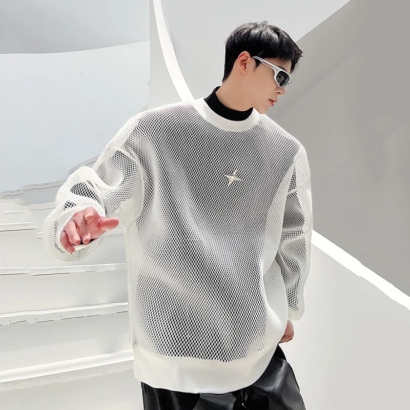 IEFB Darkwear Hollowed Out Mesh Design Long Sleeve Men Sweatshirt 2023 New Autumn Korean Fashion Long Sleeve Male Tops 9A4936