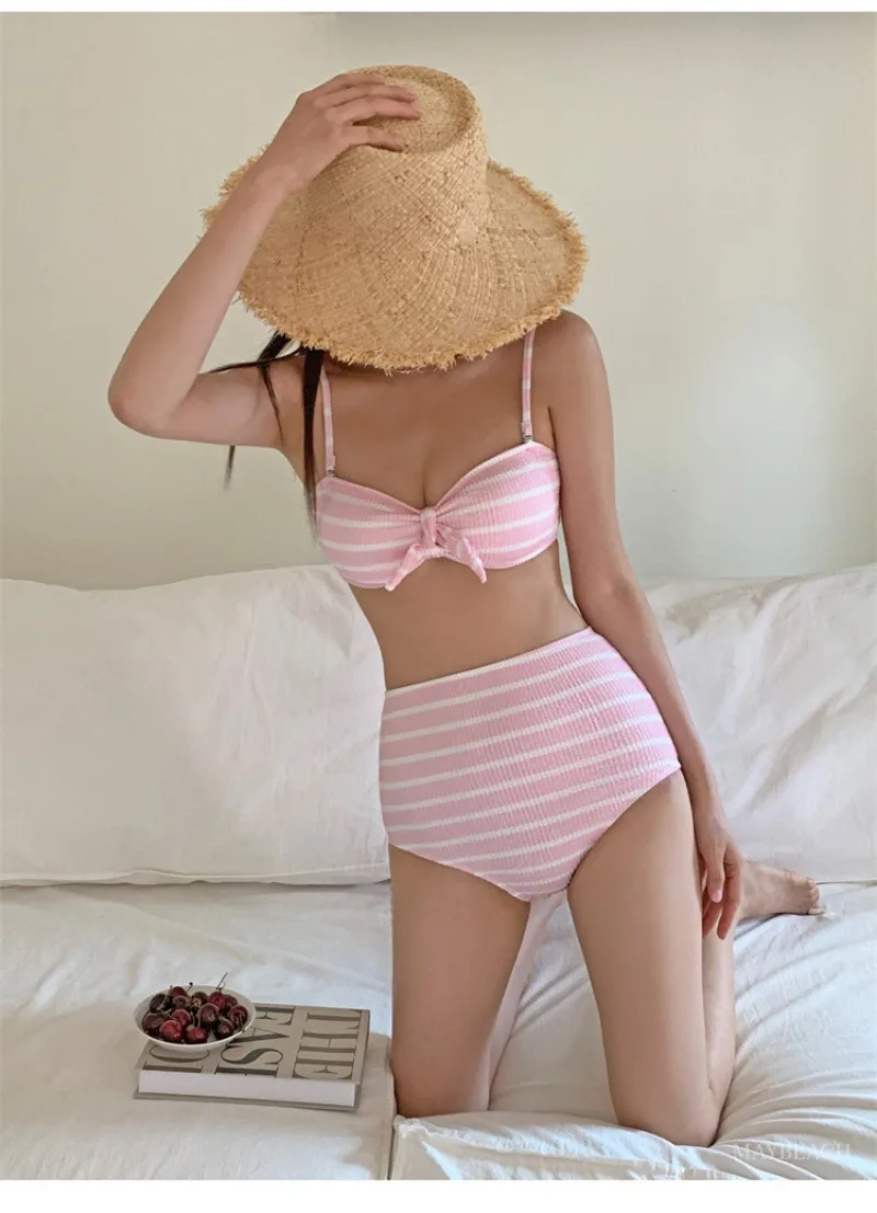 신상 여성용 한국 INS 비키니 세트 - 달콤한 스트라이프 이중 어깨끈, 하이웨이스트 스플릿 투피스 비치 휴가 수영복