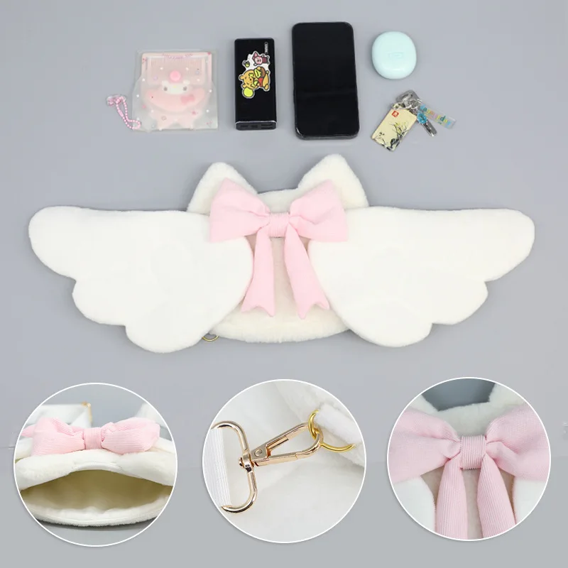 Angel Cartoon Girls Backpacks with Wing Devil Bat Wing Decor Handbag Phone Purse Small Plush Bags Bowknots Kawaii Lolita Cosplay