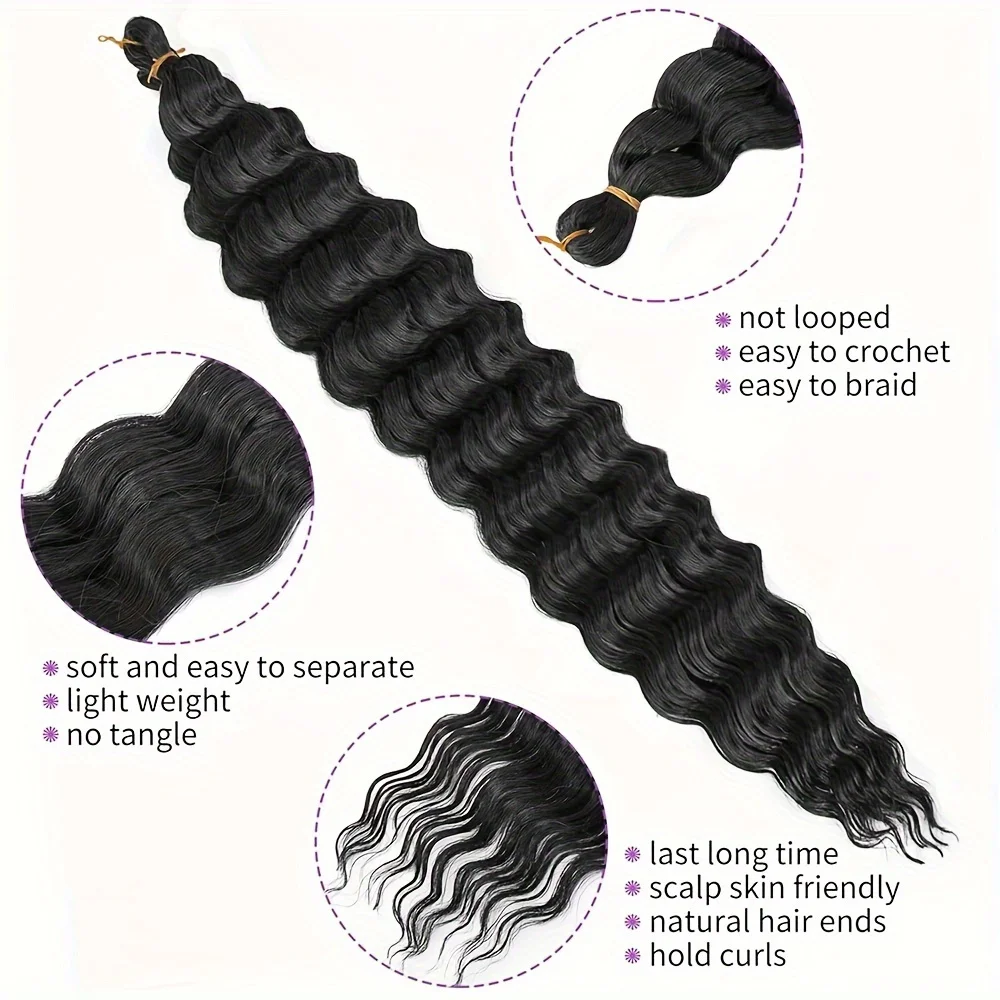 Longa Onda Profunda Peruca Sintética, Crochet Gancho, Torção Extensão Do Cabelo, Onda De Água, Encaracolado Trança, Dreadlocks, Perucas De Cabelo Brasileiro, 30"