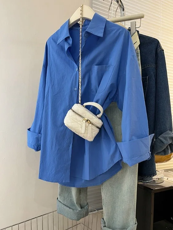 

Женская рубашка с длинным рукавом и воротником цвета Кляйн синий, защита от солнца, весна 2026, новая популярная верхняя одежда в корейском стиле, свободный крой