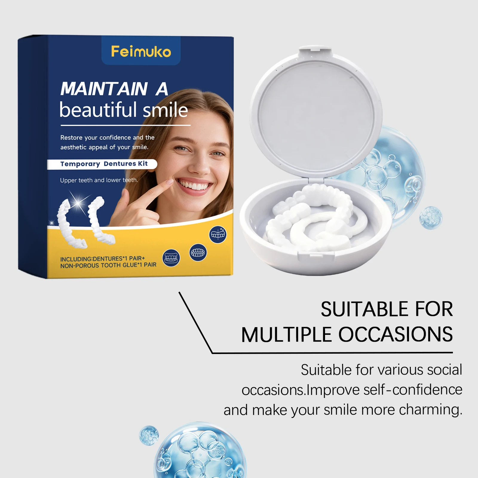 Feimuko Adjustable Snap-On Denture Kit - Natural Fit Comfort Wear False Teeth Oral Care Daily Use Easy Application Gentle Fit view 3