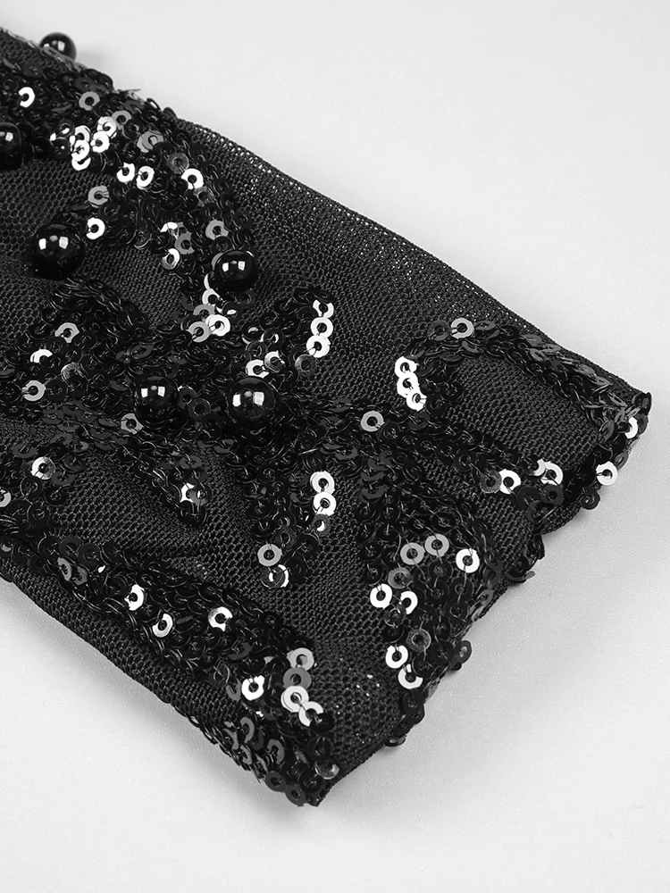 فستان أسود طويل بأكمام واحدة مفتوح الساق للنساء مزين بالترتر واللؤلؤ ومطرز ماكسي للحفلات الراقصة والمشاهير والحفلات المسائية #3