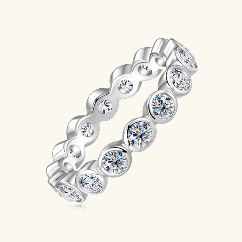 RAPRGOLD Certified Bezel Setting Round 3mm Moissanite Full Eternity Ring 925 Sterling Silver Wedding Ring for Women Jewelry Gift