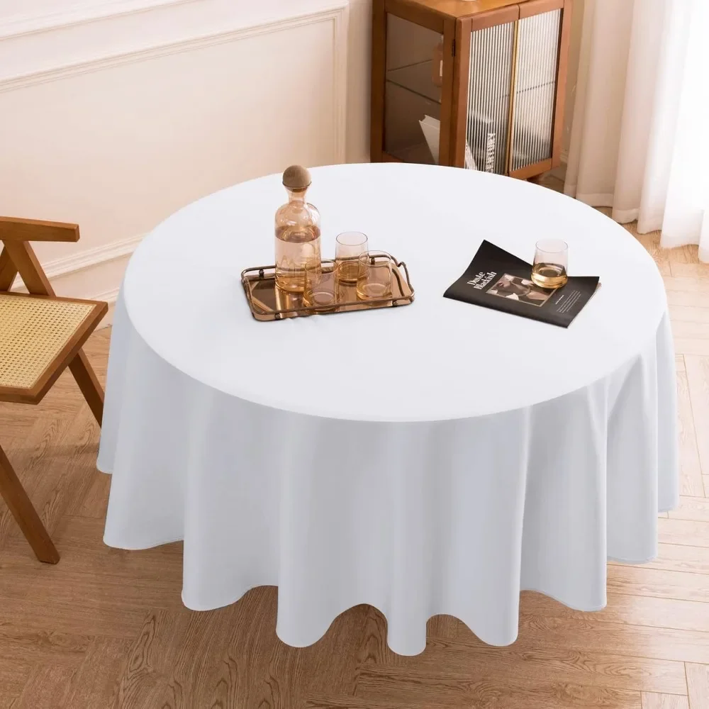 

Round Tablecloth 10 Pc 132 Inch Round White Tablecloths Washable Decorative Linen Polyester Table Clothes Cover for Dining Table