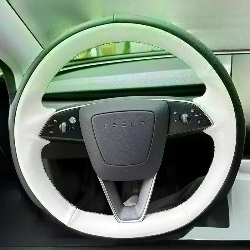 

Hand Stitched black white Genuine leather car steering wheel Cover For Tesla New Model 3 Highland 2024 auto parts