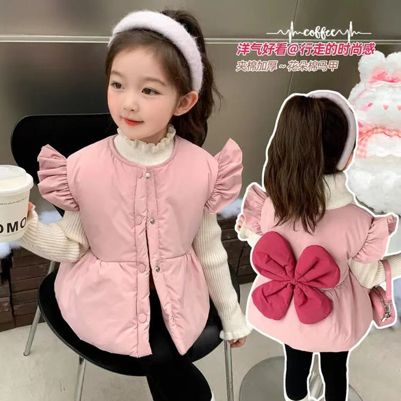 

01-2025Autumn Winter Bowknot Warm Girls' Down Vest for Young Children Thick Sweet Vest Coat Trendy