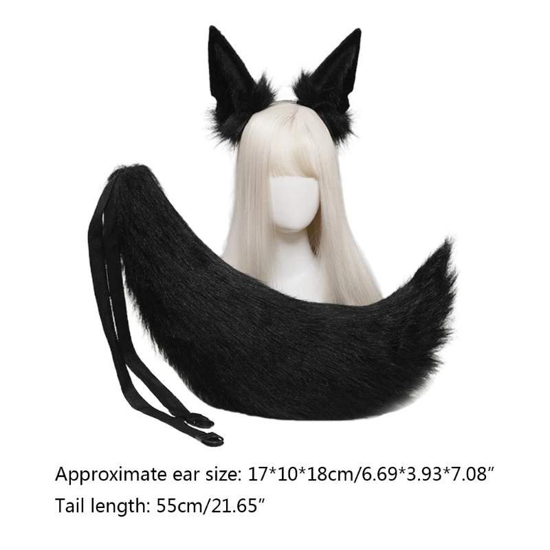 Girls Animal Ears Headwear Tail Set Plush Hair Hoop Handmade Cosplay Accessories N58F