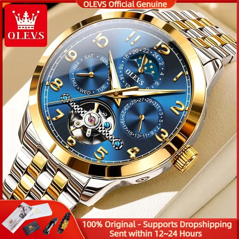 

OLEVS 7018, роскошные мужские часы с маховиком, автоматические механические часы с фазой Луны, водостойкий круглый хронограф, брендовые оригинальные мужские часы