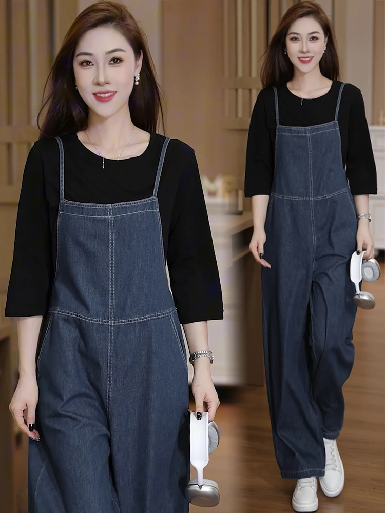 Faionable macacão jeans feminino longo sve camiseta conjunto de duas peças emagrecimento sle cintura alta casual wear outono nova chegada