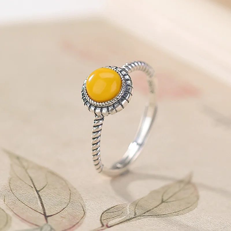 

S925 Sterling Amber Twisted Geometric Round Fashion Silver Ring
