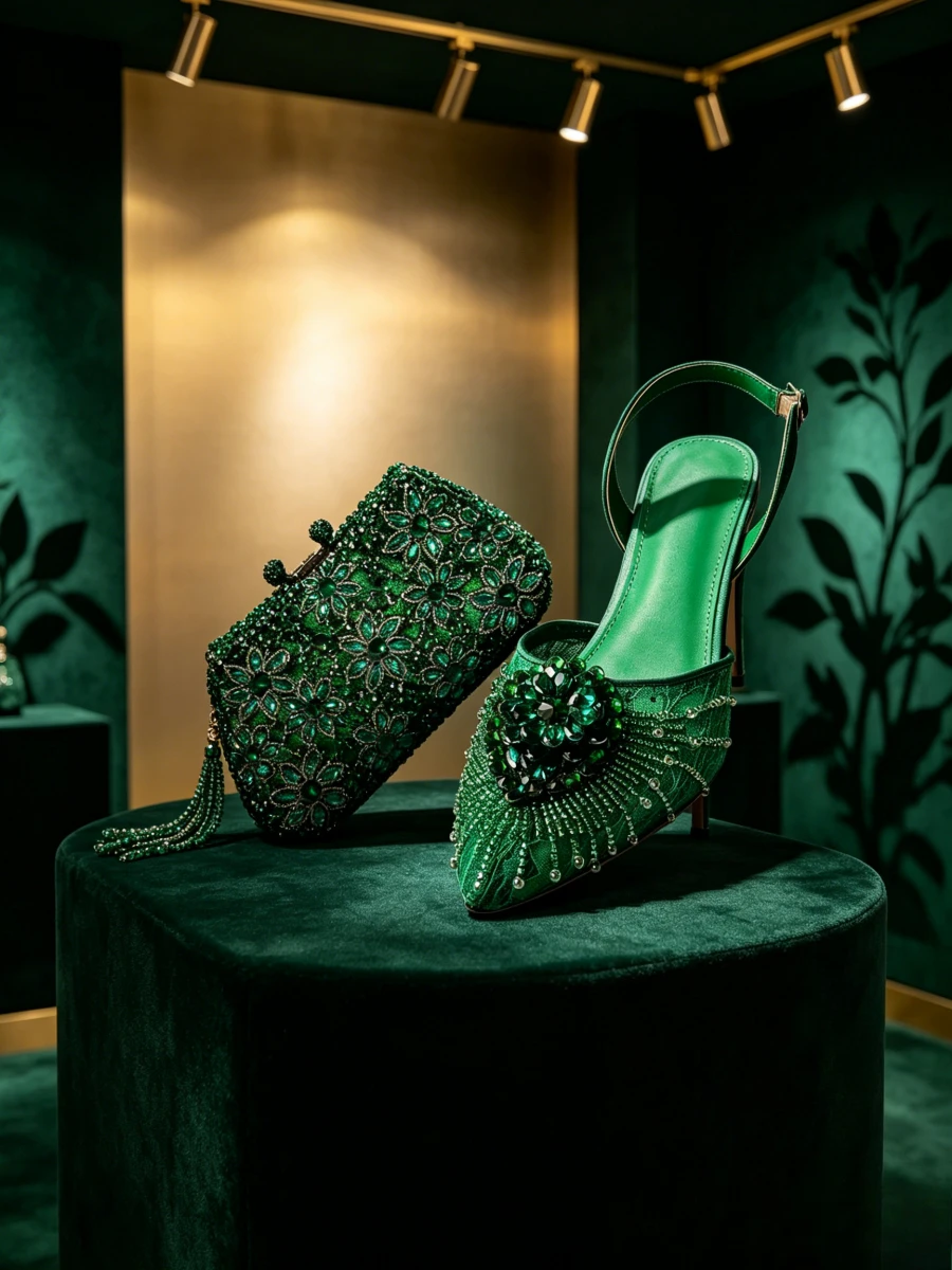Conjunto de Zapatos de Noche para Mujer: Clutch Rectangular Verde Oscuro con Flores y Pedrería, y Tacones Slingback con Borlas de Flores y Encaje