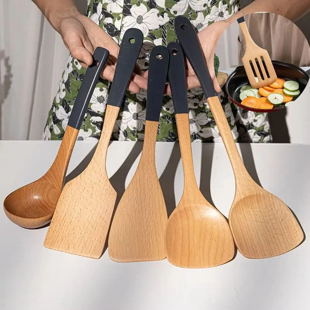 

3/5 Pcs Long Handle Wooden Cooking Kitchenware Set Non-stick Reusable Kitchen Spoon Spatula Set Anti-scalding