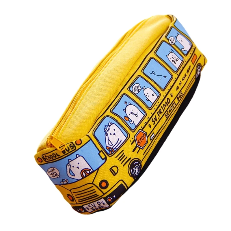 Cartoon Bus Pencil Case Big Capacity Canvas Pen Bag Multifunctional Pen Holder