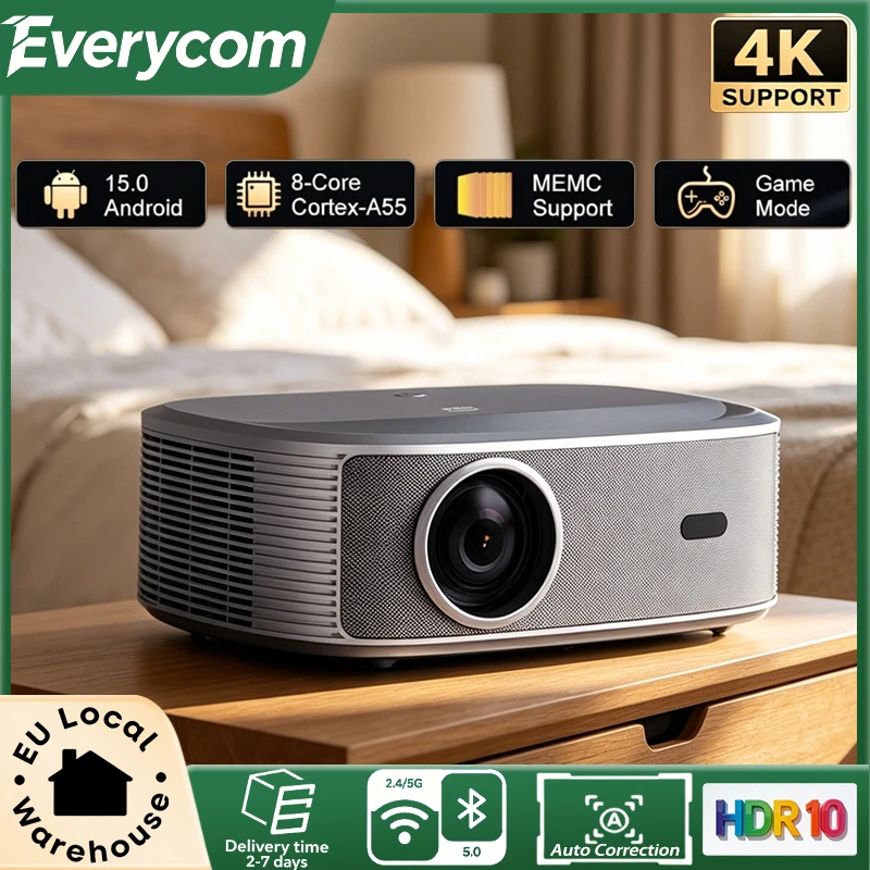 Proyector Everycom HQ11W 3600 ANSI 4K Full HD 1080P HDR10 Android 15 3G+64G Home Theater WiFi6 Smart TV Beamer para reuniones familiares, cine al aire libre, enfoque automático y corrección trapezoidal