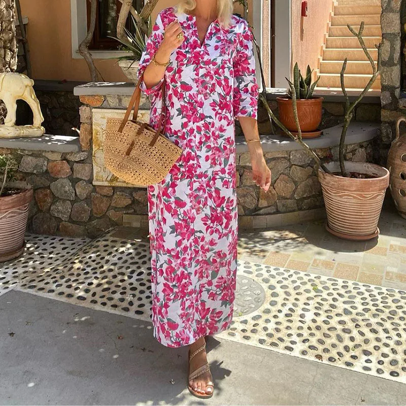 Damenmode Blumen druck langes Kleid Frühling V-Ausschnitt Seite geteilt A-Linie Party kleid neue Sommer halbe Ärmel schlanke Boho Urlaubs kleid