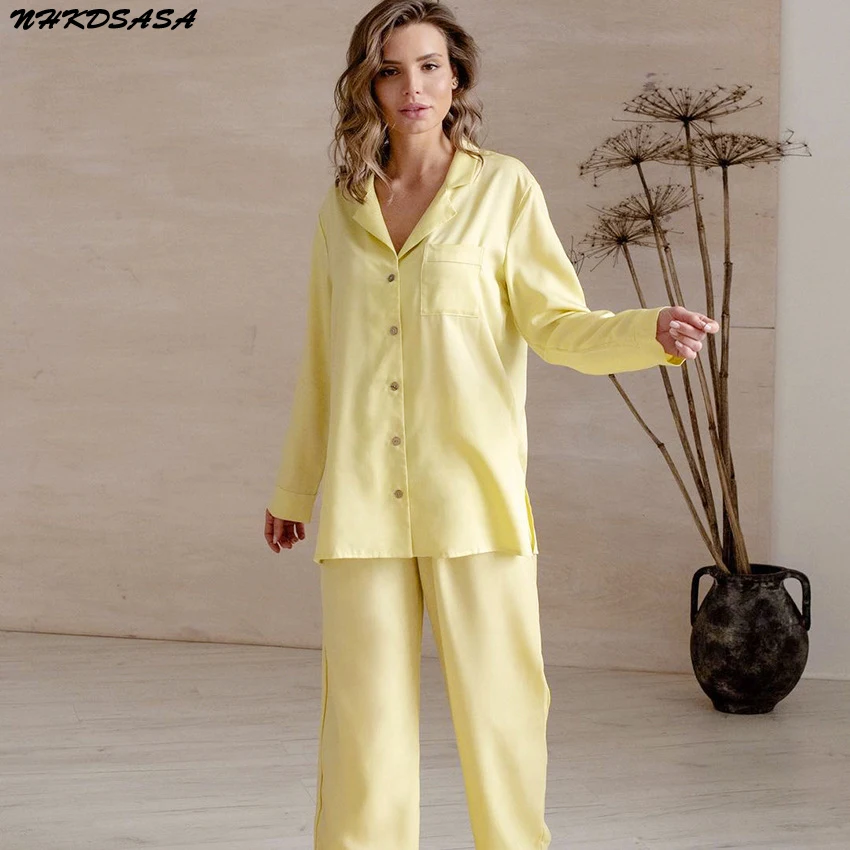 Casual Loose Pajamas For Women Nightwear Single Breasted Trouser Suits Pocket Sleepwear 2 Pieces Female Set Pajama 2022 Spring