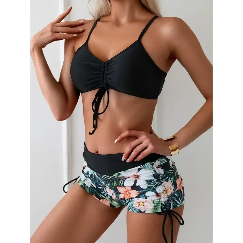 ผู้หญิงสองชิ้นชุดว่ายน้ําชุดว่ายน้ําดอกไม้ Tropical เอวสูง Beachwear กางเกงขาสั้น Halter Tops ชุดบิกินี่