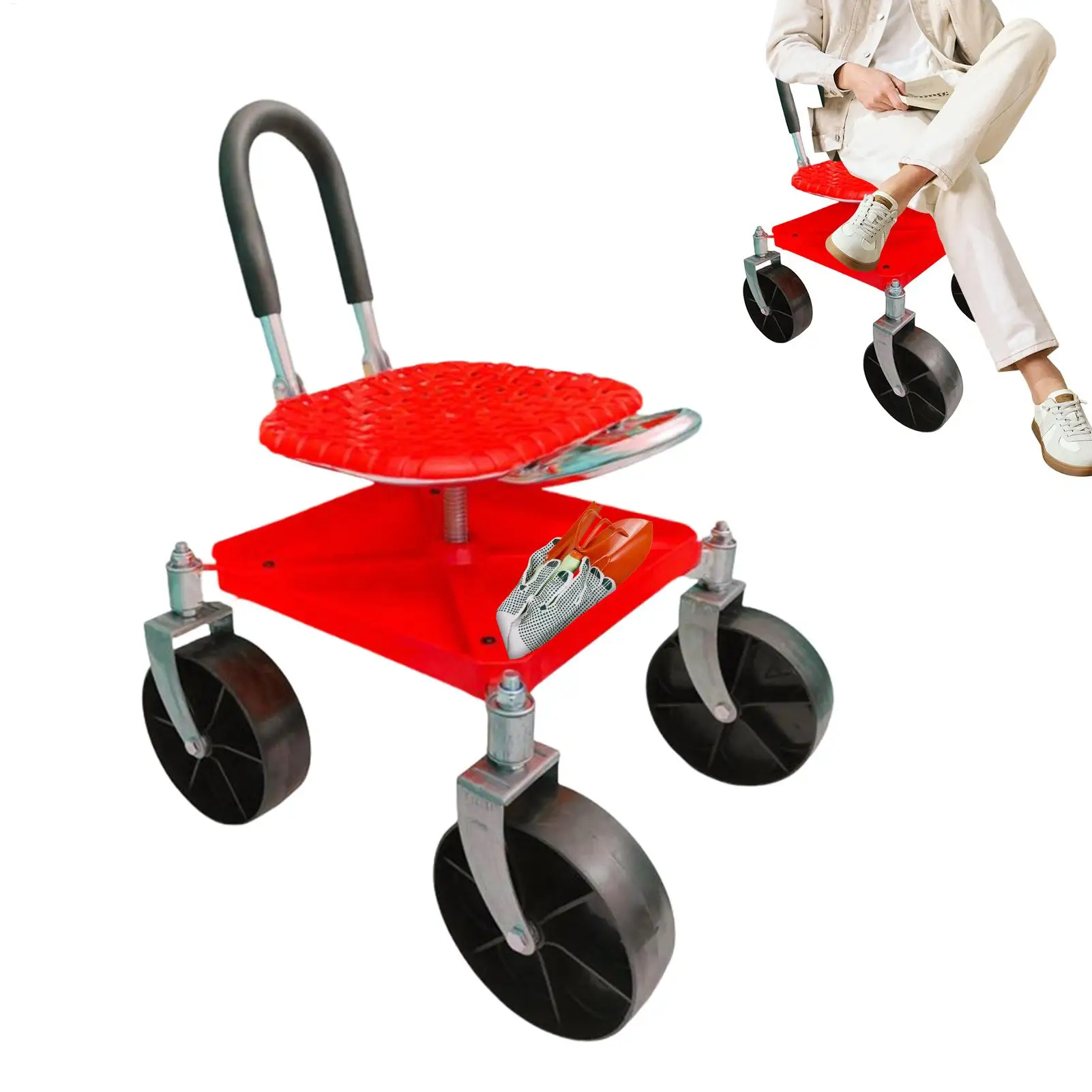 

Garden Stool With Wheels Garden Scooter With Steering Handle And Tool Tray Adjustable Height Yard Workseat For Nursery Pruning