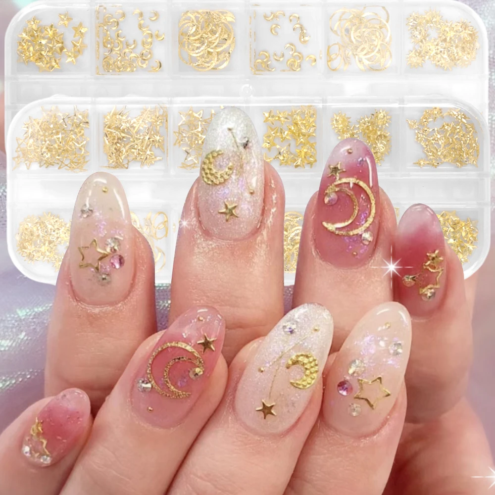 Accesorios de uñas de lujo Retro dorado para mujeres y niñas, decoraciones de Arte de uñas de sol, estrella, Luna, manicura de moda, calcomanía hermosa