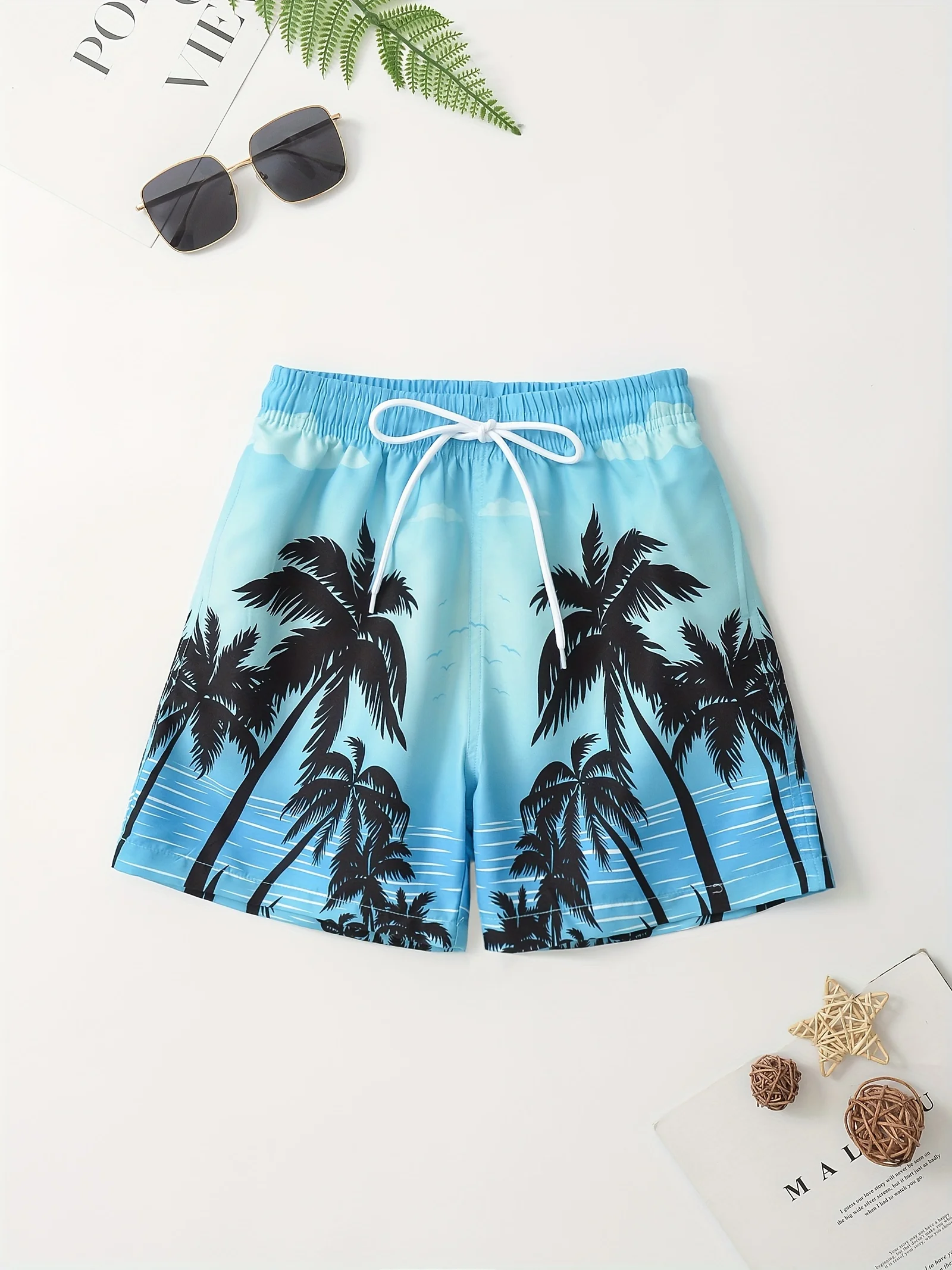 Kids Cartoon Coconut Tree Tropical Plant Pattern Swim Trunks For Boys Elastic Waist Beach Short Kid\'s Swimwear Summer Boy Shorts