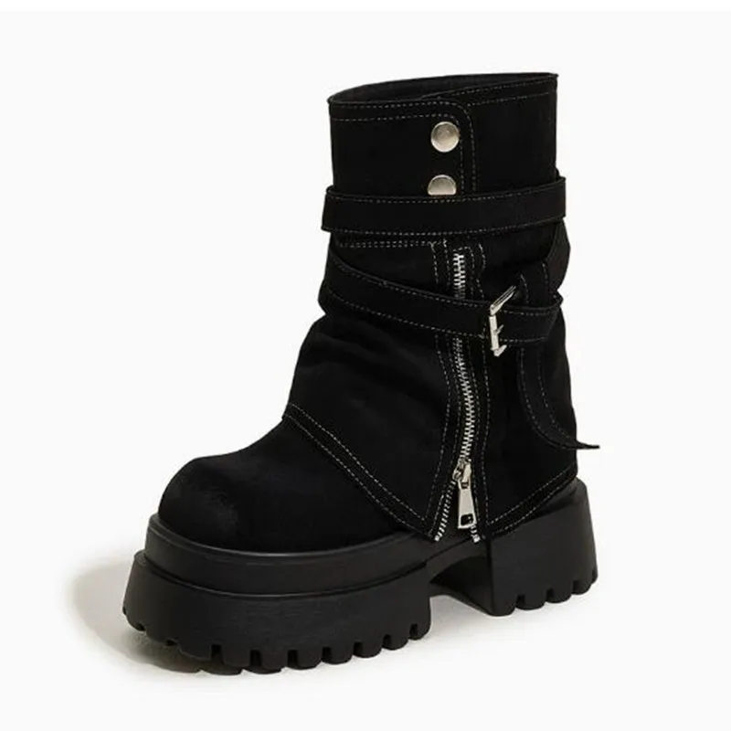 

Женские осенне-зимние ботинки-полусапожки на платформе 10 см из натуральной замши, в британском мотоциклетном стиле, со съемным ремешком на щиколотке