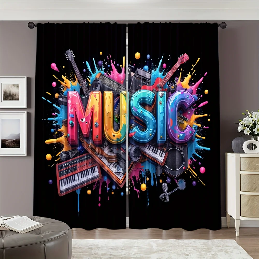 Colorful Music Instruments Graffiti Blackout Curtains - Vibrant Musical Notes Print Window Drapes for Kids Room Studio Decor